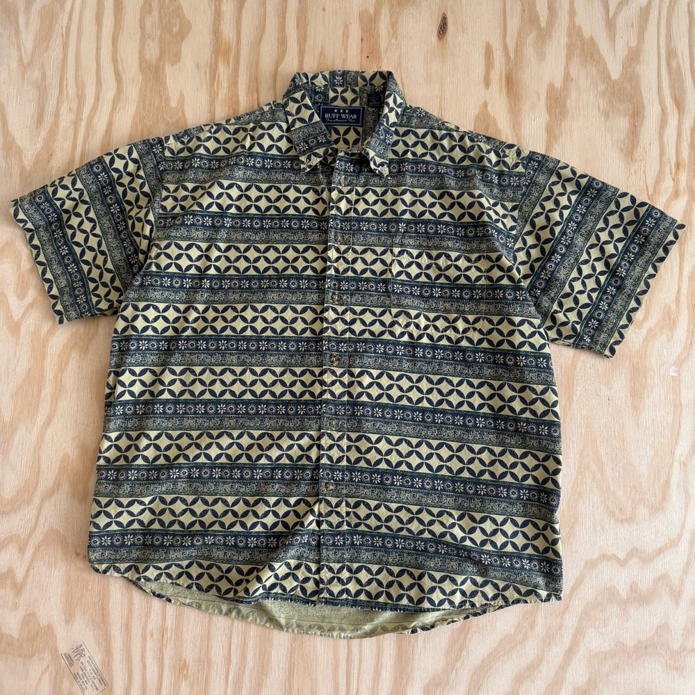 Ruff Wear Vintage Button Up Shirt XL Geometric Pattern Cotton USA Style